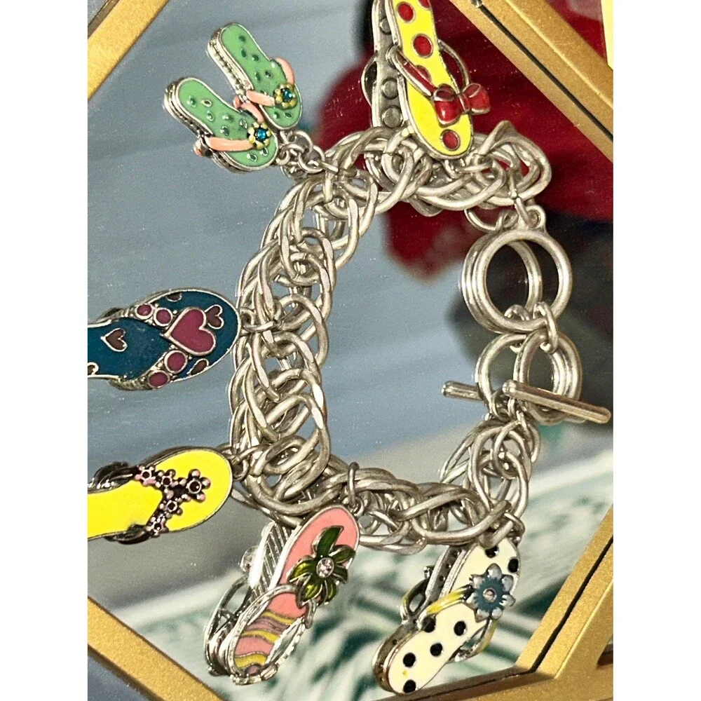 Vintage Charms Silver Bracelet Enamel Flip Flip Sandal Charms Colorful EUC